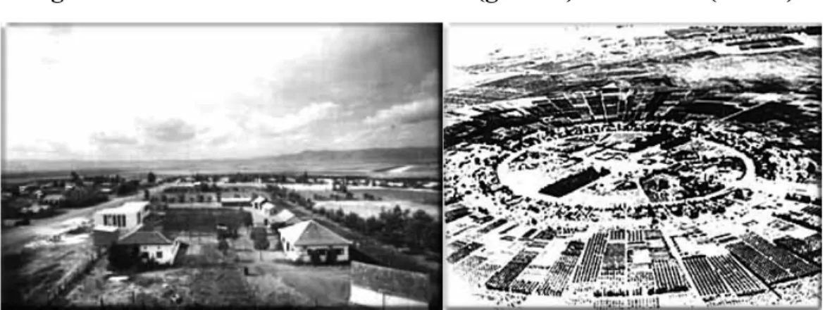 Figure 5 : Le mochav Nahalal en 1936 (gauche) et en 1945 (droite) 