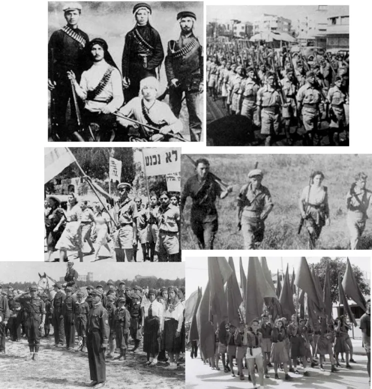 Figure 6 : Groupes militaires, paramilitaires et ceux de la jeunesse du Yichouv  Photos de membres de l’Hachomer, de juifs palestiniens servant dans l’Armée britannique lors 