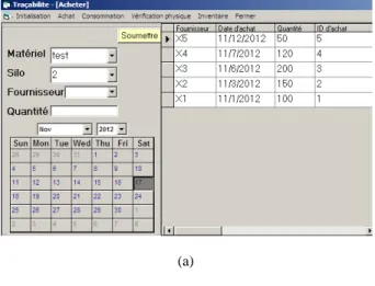 Figure  4. The interface of the software for the  traceability study  (a) Purchase details,  (b) Consumption details,  (c) Inventory for  funnel-flow type silo, and (d) Inventory for mass-flow type silo.