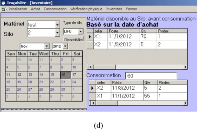 Figure 4. The interface of the software for the traceability study (a) Purchase details, (b) Consumption details, (c) Inventory for funnel-flow type silo, and (d) Inventory for mass-flow type silo.