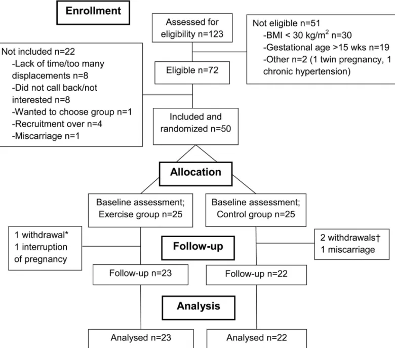 Fig 1. Flowchart. *One participant withdrew after randomization (lack of time); †Two participants withdrew after randomization (unsatisfied with group allocation).