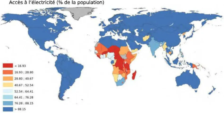 Figure 1-1  : Pourcentage des populations ayant accès à  1  'électricité en 2012 - Source  Banque mondiale  °C 
