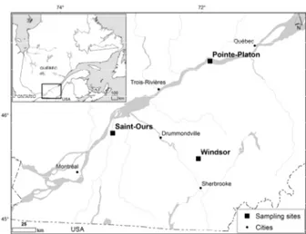 Figure 1. Map of sampling sites located in the south of the Province of Quebec, Canada