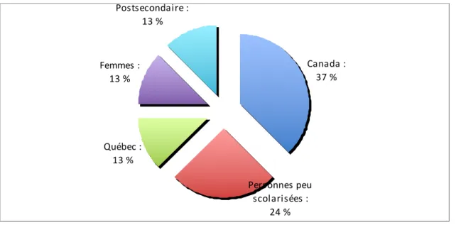 Figure  9 – La participation et ses sous-thèmes  Postsecondaire : 13 % Femmes  : 13 % Québec :  13 % Personnes  peu  scolarisées : 24 % Canada :37 %