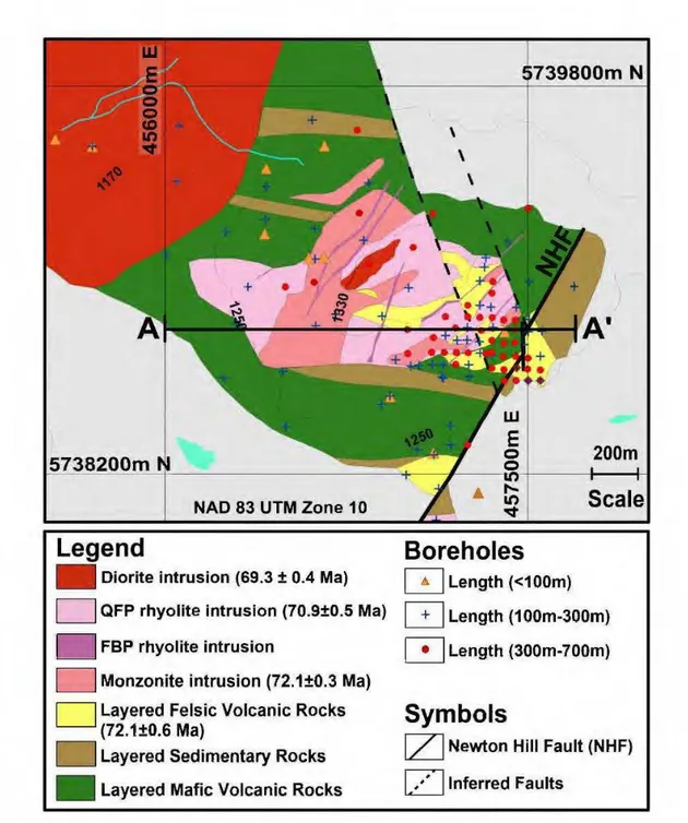 Figure 3.3  Bedrock geology map at the deposit scale.  Colored dots indicate drillhole  locations with various total lengths
