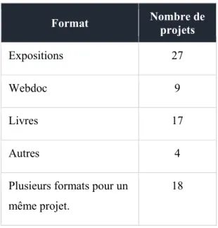 Tableau 3 : Nombre de projets photo-humanitaires par format 