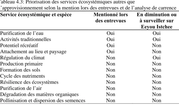 Tableau 4.3: Priorisation des services écosystémiques autres que 