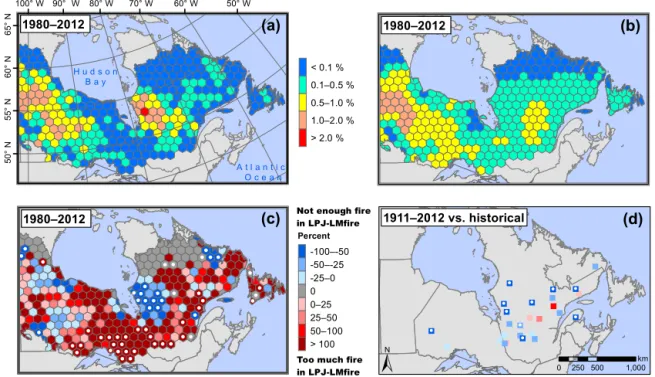 Figure 2. Observed versus LPJ-LMfire-simulated annual burn rates across eastern boreal Canada