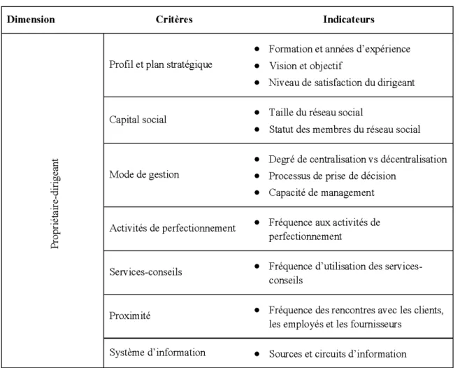 Tableau 8 : Indicateurs de  la qualité du propriétaire-dirigeant 