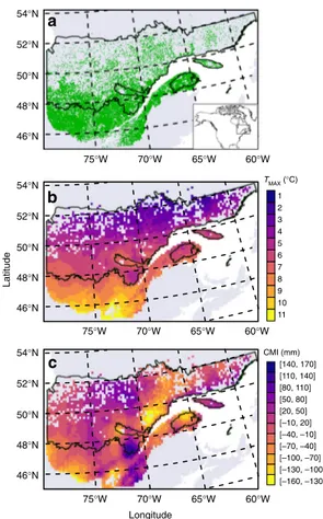 Fig. 1 Plot location and average climate of the study area. a Location of sampled plots (green) in Quebec, Canada (gray)