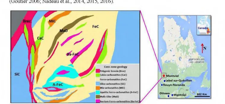 Figure 4-1  : Geograpllic location and core zone geology of the Montviel site (adopted from  Ressources GéoMéga and modified from Edal1bi et al., 2015)