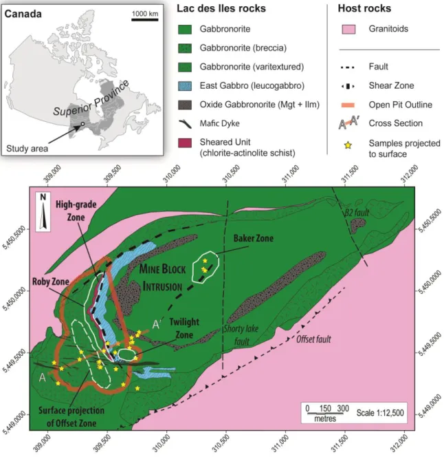Figure 2.1 Simplified geological map of the Mine Block Intrusion of the Lac des Iles 