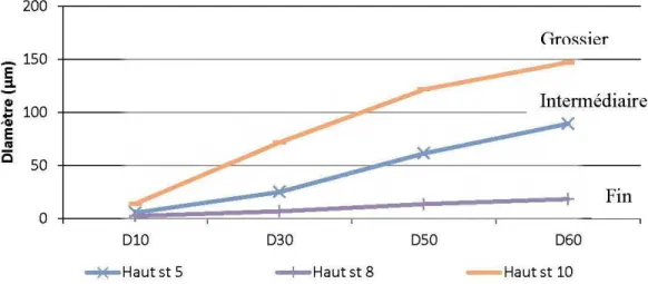 Figure  2.12  Distribution  des  paramètres  D 10,  D 30,  D 50  et  D 60  d'échantillons  des  résidus Goldex fins,  intermédiaires et grossiers  échantillonnés respectivement dans le  haut des  stations 8,  5 et 10 