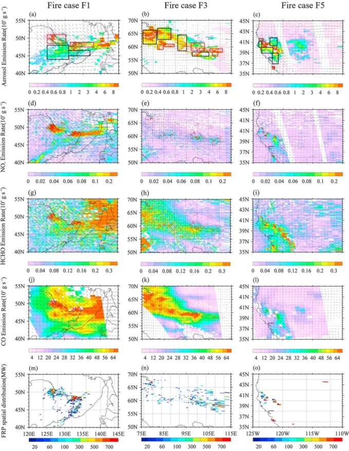 Figure 3. From left to right: selected ﬁ re cases F1, F3, and F5. From top to bottom: spatial distributions of mass emission rates (g/s) of aerosol, NO x , HCHO, CO, and FRP (MW)