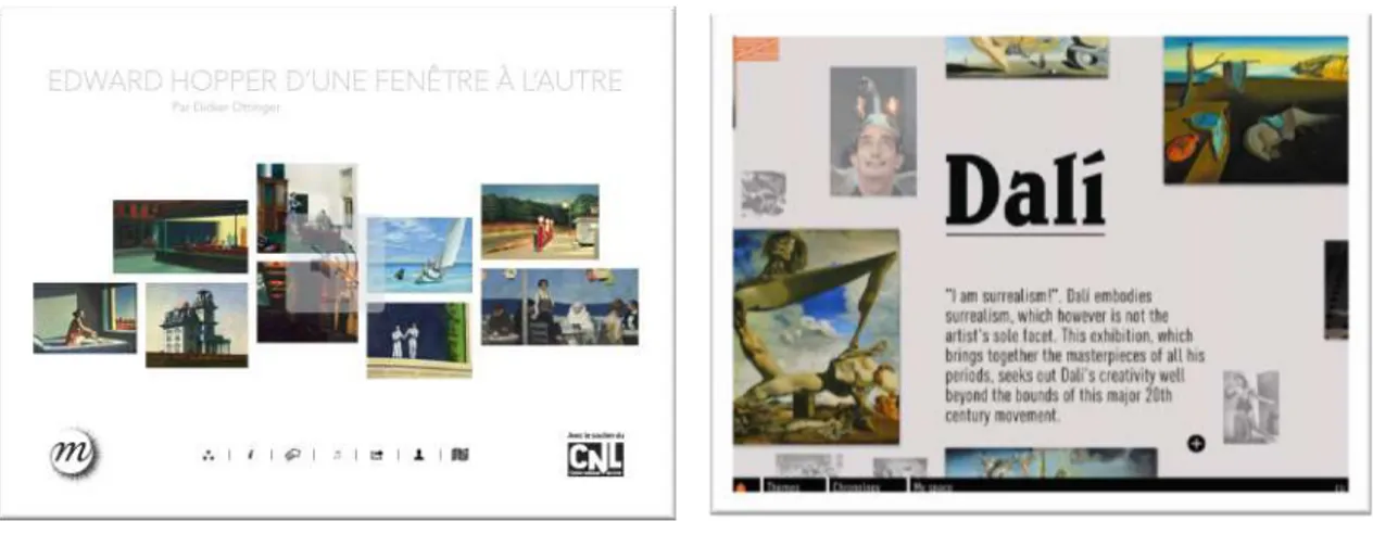 Figure 1. Captures écrans des interfaces d’accueil de quelques catalogues d’exposition numériques réalisés  par les concepteurs de l’enquête 