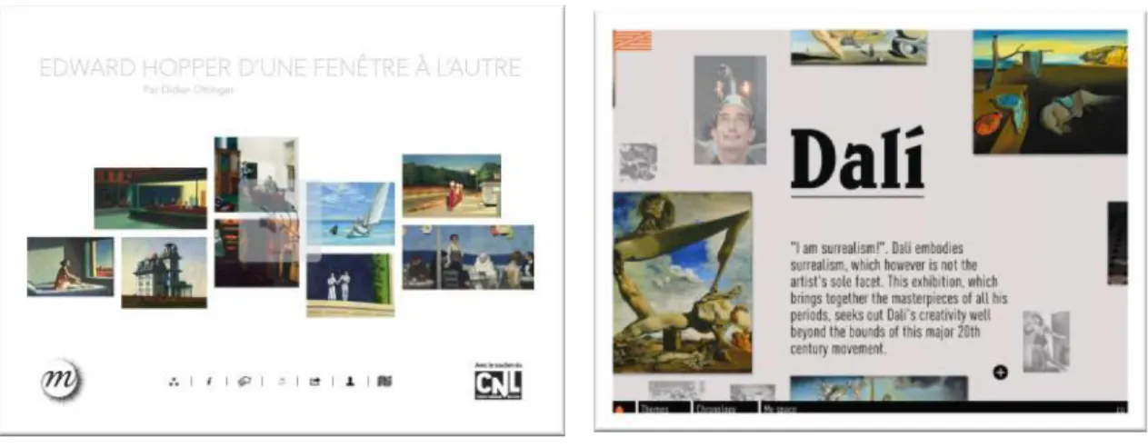 Figure 1. Captures écrans des interfaces d’accueil de quelques catalogues d’exposition numériques réalisés  par les concepteurs de l’enquête 