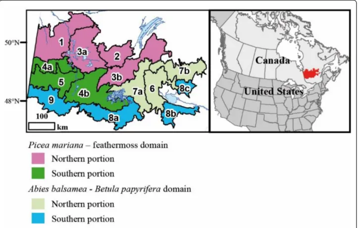 Fig. 1 Location of the study area (in red) and delineation of the 14 present-day landscapes considered in this study (Grondin et al