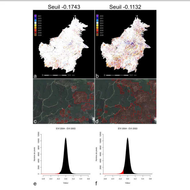 Figure 6 : a et b Points chauds détectés entre 2000 et 2009. c et d Détails des points chauds  détectés pour l’année 2003 superposés à une image haute résolution Google Earth de mai  2004 (© DigitalGlobe 2010)