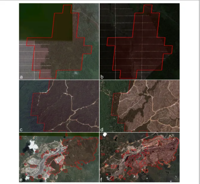 Figure  7  :  a  et  b  Superposition  de  points  chauds  détectés  en  2007  sur  une  image  haute  résolution Google Earth de 2004 (a) et de 2009 (b)