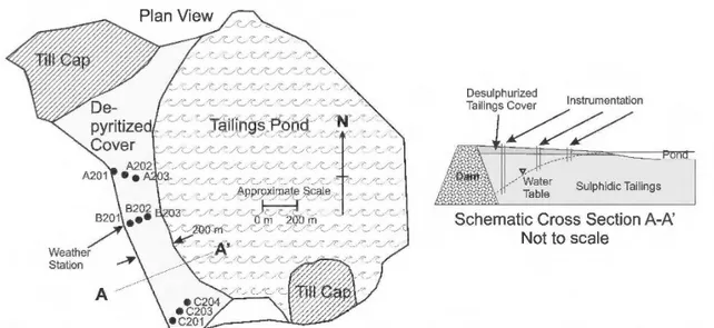 Figure 2.6: Vue en plan et coupe schématique du parc  à  résidus de la mine Detour Lake  (Dobchuk et al.,  2013) 
