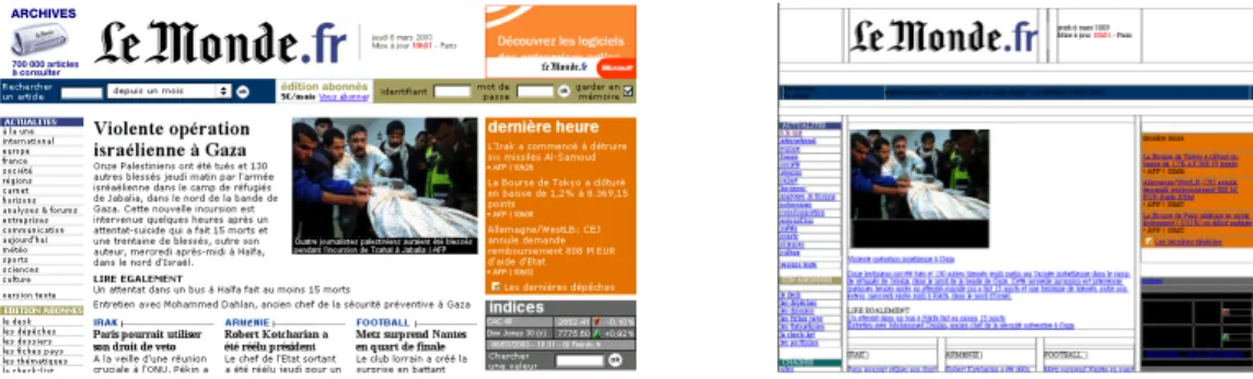 Figure 2 : Exemple de structure de tableau invisible d’un site internet, à gauche le site tel qu’il est visible pour  l’utilisateur, à droite, la structure de tableaux invisibles sous-jacente.