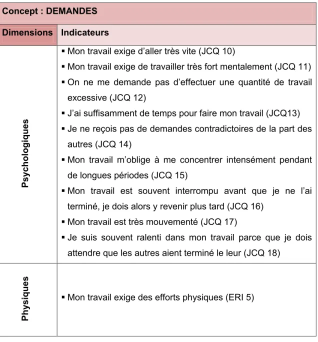 Tableau 3.5. Indicateurs de la variable « Demandes » et ses dimensions 