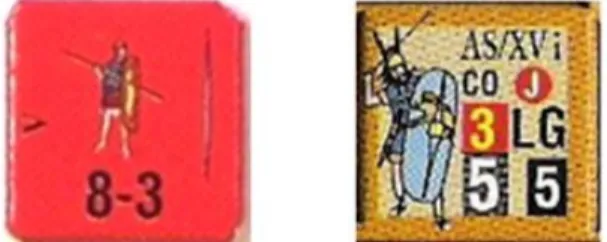 Figure 3. Aperçu de pions dans Four Battles of Ancient World (gauche) et SPQR (droite)   Nous  pouvons  considérer  de  même  les choix  de  J