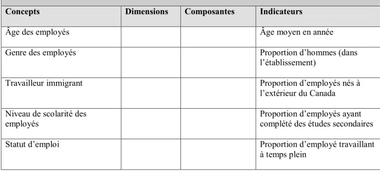 Tableau VI: Cadre opératoire pour les variables indépendantes liées aux  caractéristiques de la main-d'oeuvre 