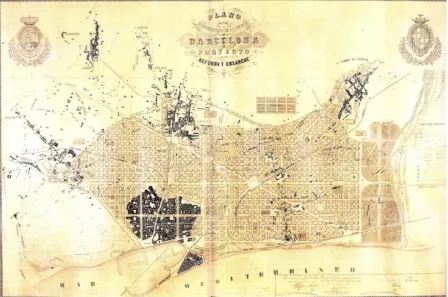 Figure 1.5: L’Eixample. Plan d’Idelfons Cerd` a (1859). Le haut correspond au nord-ouest.