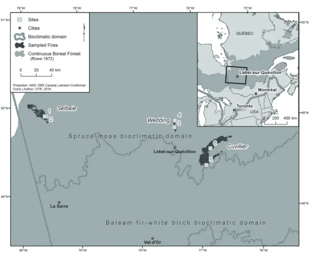 Fig. 1. Location of the three fires and associated sites sampled within the western portion of the spruce-moss biocli- biocli-matic domain, in the managed continuous boreal forest of western Quebec.