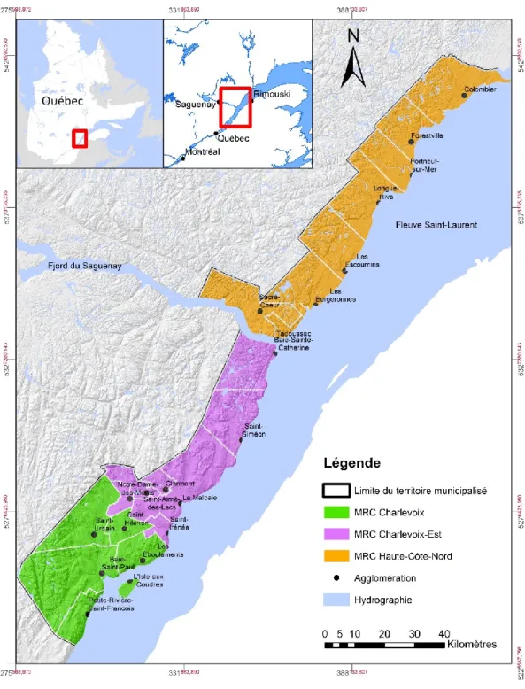 Figure  2 :  Zone  d’étude,  les  régions  de  Charlevoix  et  de  la  Haute-Côte-Nord  (d'après  la  base  de  données  du  PACES- PACES-CHCN)