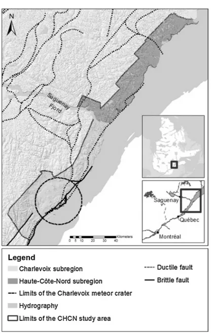 Fig. 1. Location and principal structural features of the CHCN region, Quebec, Canada.