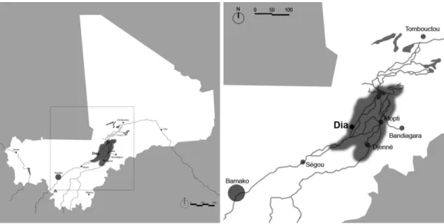 Fig 1 - Situation de la ville de Dia dans le delta intérieur du fleuve Niger au Mali 