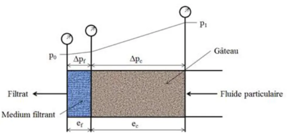 Figure 4.1 : Représentation des pertes de charge lors de la filtration sur gâteau sous pression 