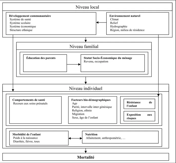 Figure 2 : Cadre conceptuel pour l’analyse des déterminants de la mortalité infanto-juvénile  et principaux liens entre les groupes de variables utilisées dans cette recherche 