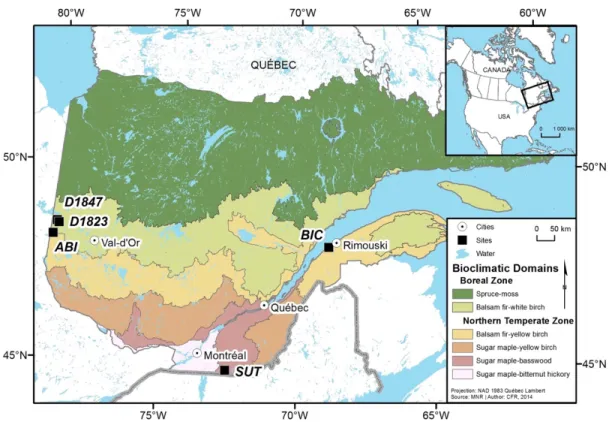 Fig. 1.1: Study sites and bioclimatic domains of Québec. 