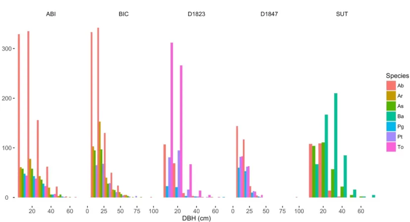 Fig. 1.2: Species and site-specific distributions of tree diameters at study sites. 