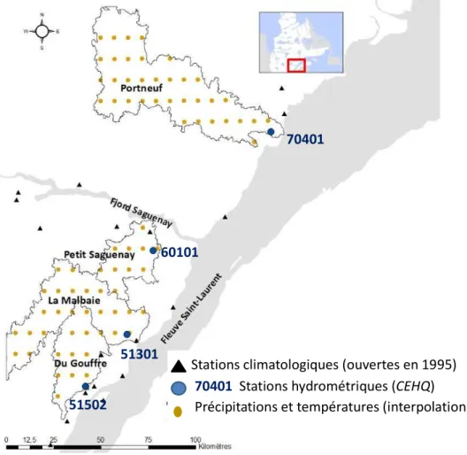 Figure 1.2 Localisation des bassins versants étudiés et des données climatiques disponibles  