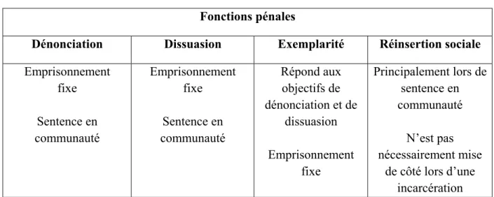 Tableau 6- Fonctions pénales recensées 