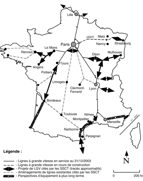 Figure  3 :  Les  priorités  de  développement  de  la  grande  vitesse  ferroviaire  en  France  d'après  les  schémas de services Transport 