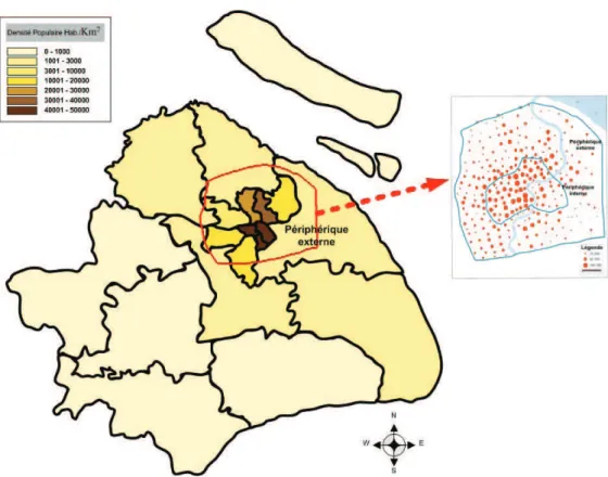 FIGURE IV-3: La densité démographique dans la ville de Shanghai métropole Source: Shanghai Statistical Yearbook, 2005; SCCTPI, 2005 