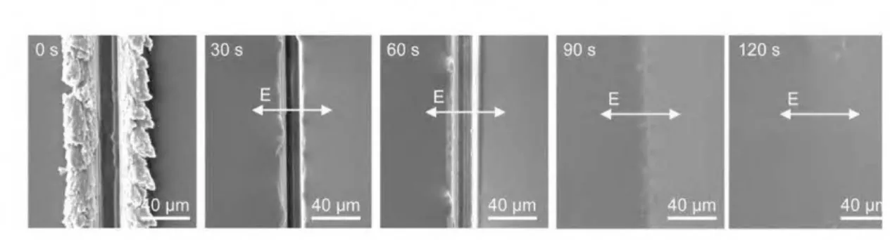Figure 19: Varions stages oflight-powered healing oflinearly cracked  PDO 3  tums by SEM microscope