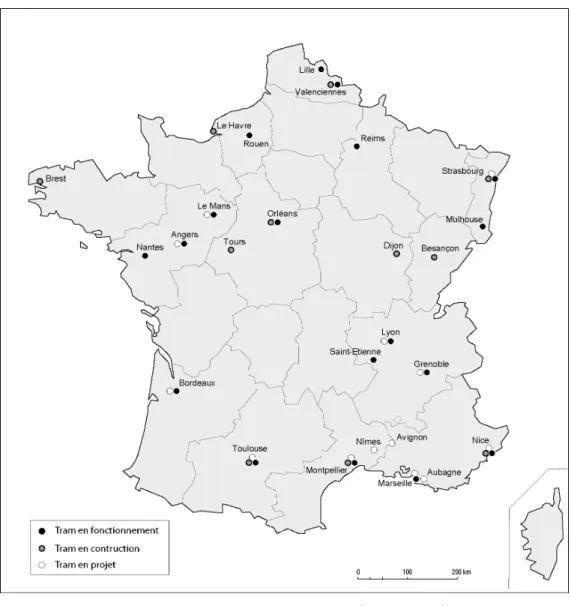 Fig 1. Réalisations et projets de tramways « classiques » de province en 2011