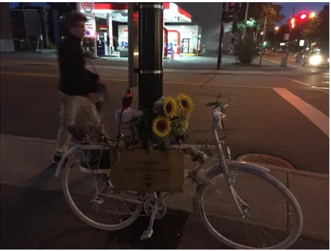 Figure 11.  Vélo blanc accroché à un poteau à l’intersection du boulevard Rosemont et  Iberville à Montréal (© Geneviève Boyer, 21 juin 2017)