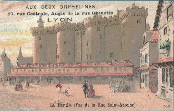 Figure 11.  La Bastille (Vue de la Rue Saint-Antoine). Chromo publicitaire de « Aux Deux  Orphelines », fabrique de lingerie et magasin de détail à Lyon