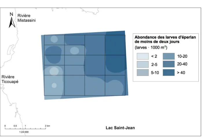 Figure 5 : Distribution estimée de l’abondance des larves d’éperlan arc-en-ciel de moins de deux jours  (larves  ∙  1000 m -3 ) sur le haut-fond du nord-ouest du lac Saint-Jean