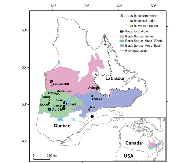 Figure 1. Locations of the study sites in the western, central and eastern regions of Quebec-Labrador.