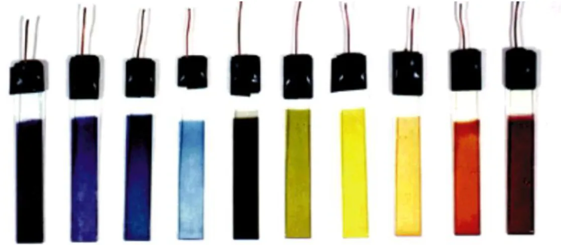 Figure 1.3: Photos of EDOT-based polymers with different bandgaps. Reprinted with permission from [8] 
