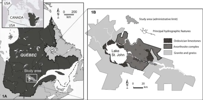 Fig. 1. A. Location of the study area and B, conceptual model of the geological features (adapted from CERM-PACES, 2013).