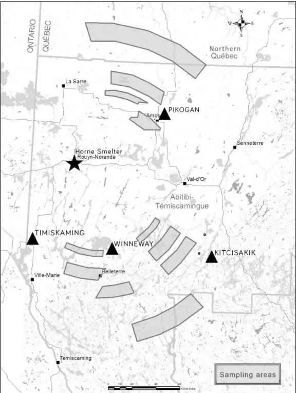Figure 2.1  Snowshoe hare sampling areas in western Québec, Canada. 